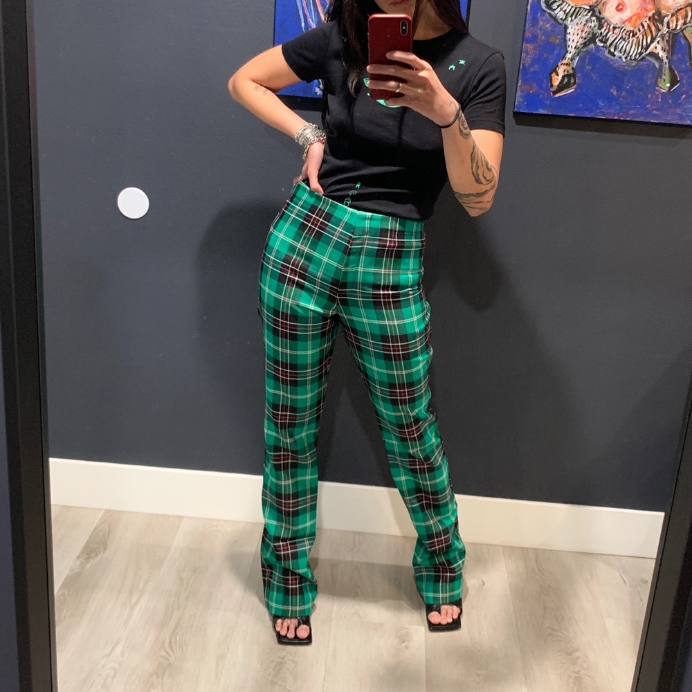 Marine Serre V-rise Green Tartan Tailored Trousers